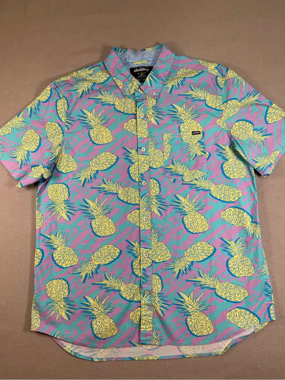 CHUBBIES | Teal Pink Yellow Pineapple Print Short Sleeve Button-Up Shirt | XL